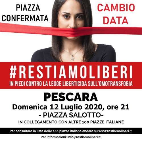 #restiamoliberi, no al decreto Zan su l'omotransfobia: domani anche in piazza a Pescara